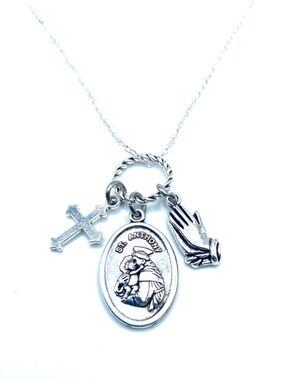 St Anthony Medal Charm Necklace Catholic  Religious Saint Cross Praying Hands